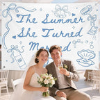 The Summer She Turned Married Backdrop - Beach Wedding Party Decorations - Bridal Shower Bachelorette Party Background Blue