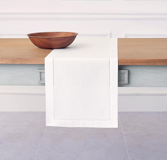 Solino Home White Table Runner 120 Inches Long - Cotton Linen Hemstitch 14 x 120 Inch Table Runner for Dining, Fall, Autumn, Halloween, Thanksgiving, Christmas, Holiday
