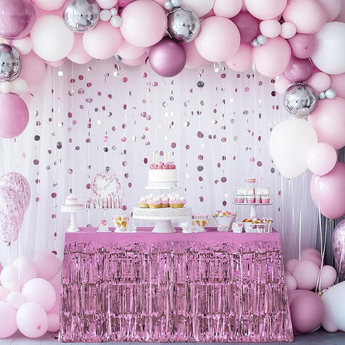 2 Pack Pink Table Skirts, 29x108" Metallic Foil Tinsel Fringe Table Skirts for Rectangle Tables Streamer Curtains Backdrop, Party Decorations for Birthdays Weddings Holidays