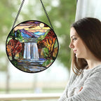 Stained Glass Window Hanging, Abstract Landscape Waterfall Mountains Trees Suncatcher for Doors Window Home Sun Catchers Decor Mother's Day Birthday Gifts for Women Men Mom 15 in