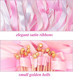 60 Pieces Wedding Colorful Ribbon with Bells, Party Ribbons Streamers Sticks Magic Wish Fairy Wand for Wedding Party Holiday Activities Favors (Pink-100)