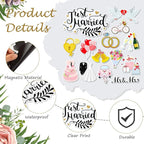 16 Pcs Just Married Car Decorations Include 14 Assorted Ornate Car Magnets Just Married Window Decal and Cardstock Sign Banner Wedding Decorations for Bridal Shower Honeymoon Photo Props