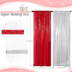 ShinyBeauty 4 Panels Sequin Photo Backdrop 2FTx8FT Red & Silver Curtains Sparkle Background for Birthday, Wedding, Party, Christmas Decorations