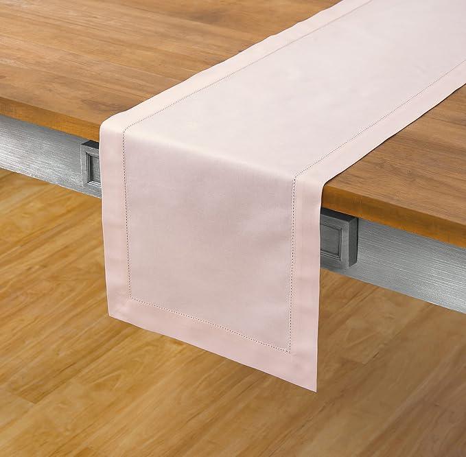Solino Home Pink Table Runner 108 Inches Long - Cotton Linen Hemstitch 14 x 108 Inch Table Runner for Dining, Fall, Autumn, Thanksgiving, Christmas