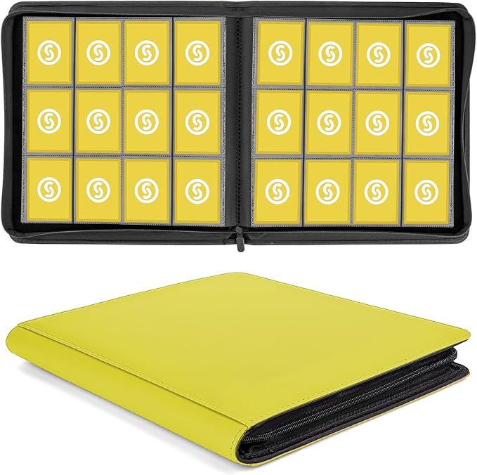 SMYV 12 Pocket Trading Card Binder, Premium PU Cover Card Binder for 720 Cards, Ringless Side Loading Card Collection Album Folders for MTG, TCG, Game Cards & Sports Cards (Yellow)