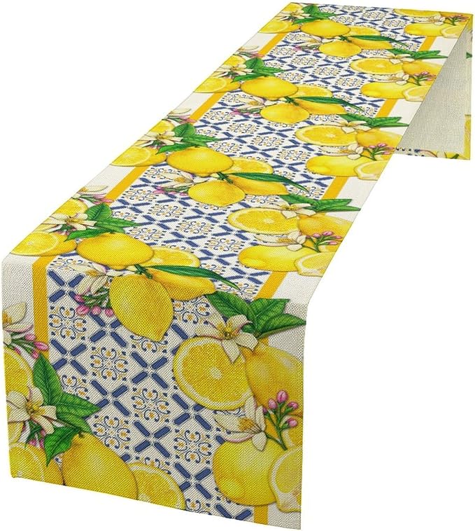 Lemon Table Runner,Spring Summer Seasonal Yellow Blue Table Runner for Kitchen Dining Table Home Party Decoration 13x108 Inch
