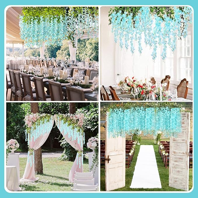 24 Pack Teal Wisteria Hanging Flowers Garland, 3.77 Feet Artificial Flower Vines, Fake Wisteria, Artificial Vines Hanging Garland for Backdrop Outdoor Yard Garden Decor