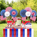 BEISHIDA 2 Pack Metallic Tinsel Foil Fringe Table Skirts for Rectangle & Round Tables Red, Blue, White Kids' Birthday, Holiday Cartoon Party Decorations Birthday, July 4th, Baby Shower, Festive Events