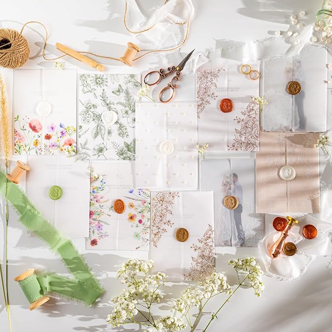 50 Pack Pre-Folded Vellum Jackets for 5x7 Invitations,AZAZA Pretty Translucent Invitation Sleeves,115GSM Vellum Jackets 5x7, Wedding Invitation AccessoriesFor, Weddings Birthdays,Wildflowers