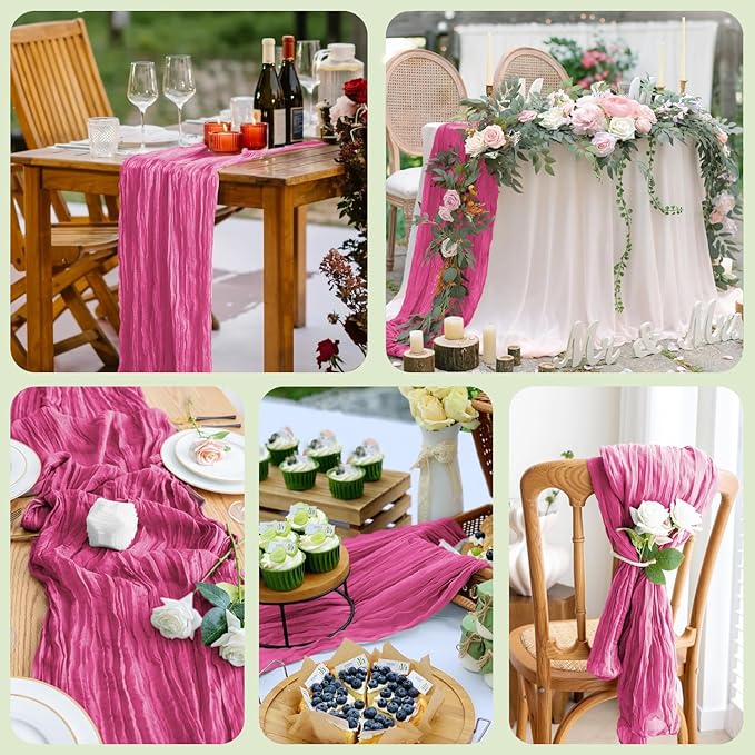 Asee'm 4pcs Cheesecloth Table Runner 120 Inches Long Deep Pink Boho Gauze Cheese Cloth Runner 10FT Rustic Sheer Table Runners for Christmas Wedding Party Baby Shower Spring Easter Decoration