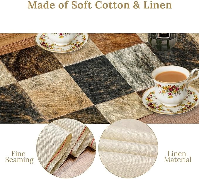 Rustic Cow Skin Patchwork Print Table Runner, Farmhouse Country Western Style Fur Table Cover for Dinning Home Party Holidays Home Setting, 13x108 Inch