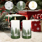 Silverstro Holiday Flameless Candles Green Hand Drawn Christmas Tree Design with Remote Control, Flickering Real Wax Christmas LED Candles - Home Party Bathroom Room Xmas Decorations - Set of 2