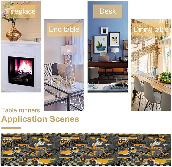 Cartoon Car Table Runner,Boy Kids Construction Yellow Tractor Excavator Tablecloth Burlap for Hotel Indoors Outdoor Dining Room Kitchen Home Decor,W13X L36 in