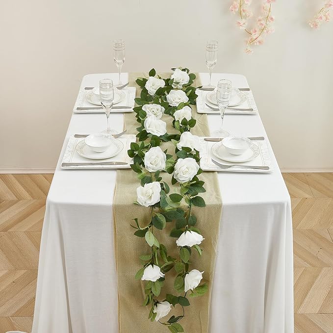 White Artificial Rose Garlands Rose Vines Leaves Banners Hanging Floral Garland Fake Rose Flower Vine for Wedding Arch Ceremony Home Garden Outdoor Party Wall Decorations