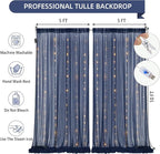20×10ft Navy Blue Tulle Backdrop Curtain with Lights String for Parties, Sheer Photo Backdrop Curtains for Wedding Party Photography Background