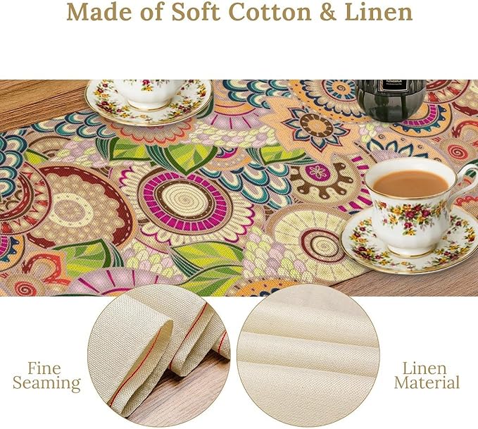 Boho Floral Table Runner,Retro Bohemian Flower Table Runner for Kitchen Dining Table Home Party Decoration 13x90 Inch