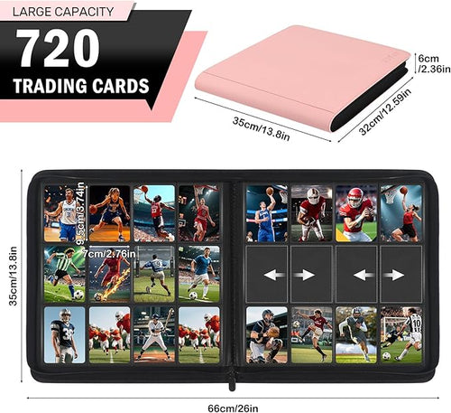 12 Pocket Card Binder, Zipper Trading Card Binder, 720 Large Capacity Side Loading Non-Ring Card Album, Double Sided Acid-Free Card Protector Binder, Card Collection for TCG, MTG, Sport Card, Pink