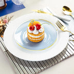 100PCS Transparent Blue Gold Plastic Plates, 7 Inch Heavy Duty Disposable Dessert Plate with Gold Rim, Round Appetizer/Salad Plates for Wedding, Party, Camping, Picnic