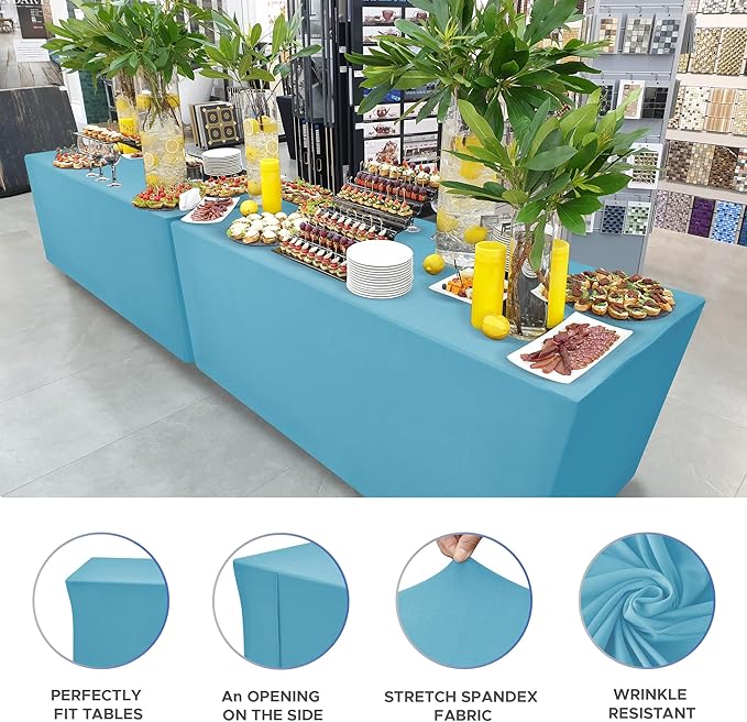 Nasitos Fitted Table Covers Stretch Spandex - 96 x 30 Inch - 2 Pack Turquoise Rectangle Table Clothes for 8 Foot Folding Tables, Fabric Tablecloths for Parties, Trade Show, Craft Show
