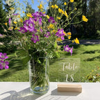 UNIQOOO 50 Pack Oak Wood Table Number Stands | 1/8” Thick Acrylic Sign Holders | Display Stands | Place Card Holder, Perfect for Retail Shop Wedding Dinner Party, Events Decoration, Retail Shop