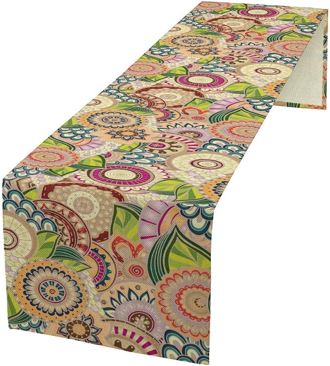 Boho Floral Table Runner,Retro Bohemian Flower Table Runner for Kitchen Dining Table Home Party Decoration 13x90 Inch