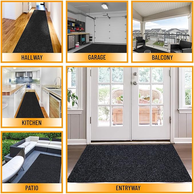Ottomanson 2' x 25' Hallway Runner with Scraper Pile Extra Durable Non-Slip Rug Mat for Indoor & Outdoor Use - Ideal for Kitchen, Entryway, Patio & Garage - High-Traffic Carpet, Black