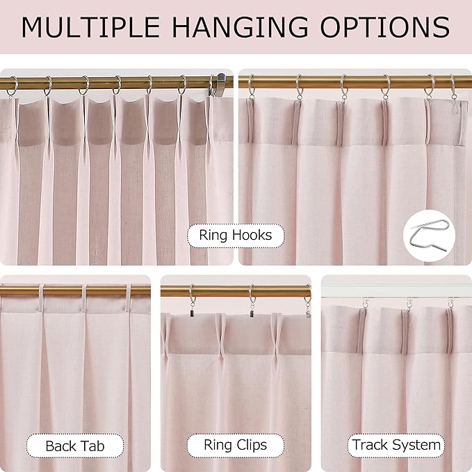 Vision Home Soft Pink Pinch Pleated Semi Sheer Curtains Textured Linen Blended Light Filtering Window Curtains 102 inch for Living Room Bedroom Patio Pinch Pleat Drapes with Hooks 1 Panel 60" Wx102 L