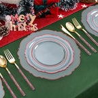 Liacere 150PCS Clear and Red Plastic Plates-Clear Red Disposable Plates with Glitter Bamboo Handle Cutlery-60 Baroque Elegant Plates,30 Forks,30 Spoons,30 Knives for Wedding&Mother's Day