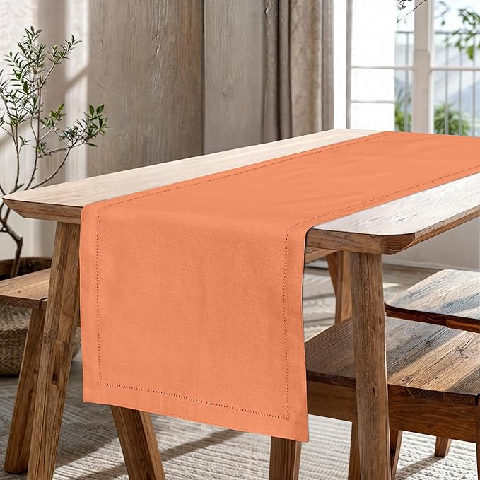 Ruvanti Linen Table Runner 90 Inches, Classic Hemstitch, Washable, Reusable, Non-Slipping, Stain Resistant- Perfect for Parties, Weddings, Dinners, Thanksgiving, Christmas, Indoor use – Orange