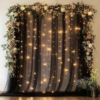 Tulle Backdrop Curtain with Lights String 10FT X 8FT Black Sheer Tulle Backdrop Curtains for Wedding Birthday Party Reception Photo Booth Background Decorations (2 Panels 5x8FT)