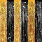 2Pack Black Gold Metallic Tinsel Foil Fringe Curtains, Door Streamers Photo Booth Backdrop for Birthday Party, Tinsel Curtain Backdrop for Wedding Baby Shower Bachelorette Christmas Party Decorations