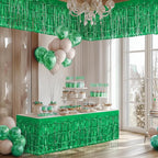 2 Pack Green Table Skirts, 29x108" Metallic Foil Tinsel Fringe Table Skirts for Rectangle Tables Streamer Curtains Backdrop, Party Decorations for Birthdays Weddings Holidays