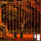 JMEXSUSS 300LED Orange Halloween Lights with Remote, 9.8x9.8ft Halloween Curtain Light, 8 Modes Orange Hanging String Lights Plug in for Fall Bedroom Thanksgiving Window Party Indoor Outdoor Decor