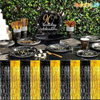 6 Pack 29x108 Inch Black Gold Metallic Foil Fringe Tinsel Table Skirts for Rectangle Tables Streamer Curtains Backdrop for Wedding, Parade Floats, Valentine's Day Birthday Graduation Party Decoration