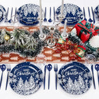 Supernal 150pcs Christmas Dinnerware Set - Blue and White Plates With Trees Design, Blue Silverware, Santa and Moose Silver Cups for New Year