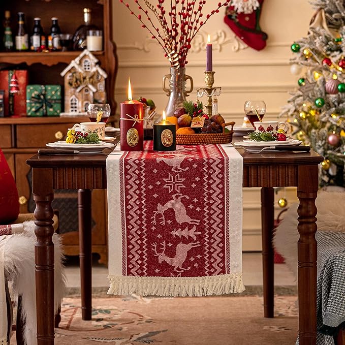Table Runners 63 Inches,Elk Table Runner with Tassel Fringe,Christmas Table Runner for Party，Coffee Table, Festival