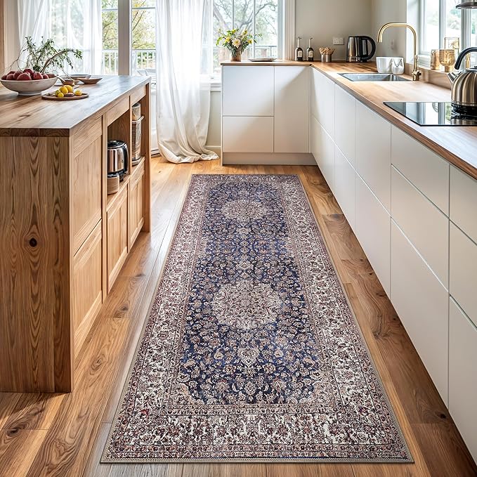 Bloom Rugs Washable Non-Slip 10 ft Runner - Dark Blue/Beige Traditional Medallion Runner for Entryway, Hallway, Bathroom, and Kitchen - Exact Size: 2.5' x 10'
