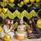 KatchOn, Black and Gold Fringe Backdrop Curtain - XtraLarge 6.6x1.7 Feet, Pack of 6 | Graduation Backdrop for Graduation Decorations 2025 | Fringe Curtain for Birthday Decorations | Prom Decorations