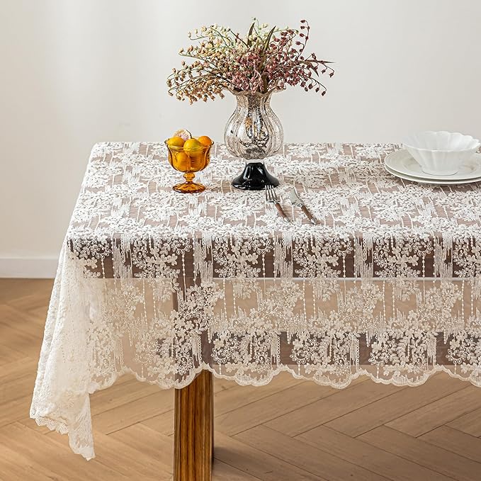 Lace Embroidered Tablecloth. Square Lace Vintage Tablecloth Dustproof Table Protector for Kitchen Dining Room Party Banquet Home Picnic Wedding Decoration (Creamy White 35.5×35.5 inch)