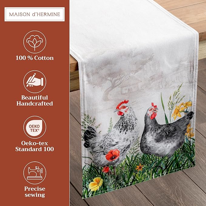 Maison d' Hermine Table runner 100% Cotton Double Layer Table Runners 72 inches long Decorative for Home Kitchen Dining Party Baby Shower Wedding Bridal Shower Spring Summer (Basse Cour, 14.50" x 72")