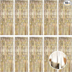10 Pack Champagne Gold Foil Curtain Backdrop 3.2ft x 9.8ft Metallic Tinsel Foil Fringe Curtains Streamer Photo Booth Backdrop for Birthday Party Engagement Bachelorette Party Decorations