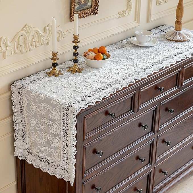 White Elegant Vintage Lace Table Runner,Wedding Lace Decor with Floral Embroidery,Tea Party Decor (White, 13.8X47 Inches)
