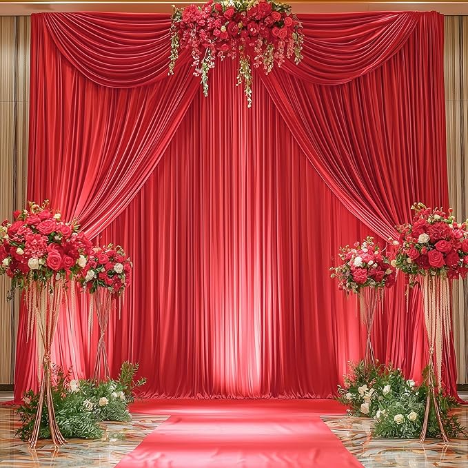 20ftx14FT Wrinkle Free Red Backdrop Curtain, 4 Panels 14FT Height Red Wedding Backdrop Drapes, Silky Polyester Back Drop Cloth for Birthday Photography Background Party Backdrop Draping