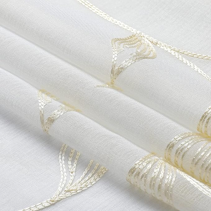 VISIONTEX Sheer Curtains 108 inch Length 2 Panels Set, White Voile Crushed Cream Vine Leaves Embroidery, Rod Pocket Embroidered Window Drapes for Living Room and Bedroom, 54" x 108"