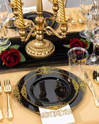 Nervure 350PCS Black Plastic Plates - Black Plastic Dinnerware Sets for 50 Guests - 100 Disposable Plates, 150 Gold Silverware, 50 Cups, 50 Napkins for Wedding & Party & Halloween