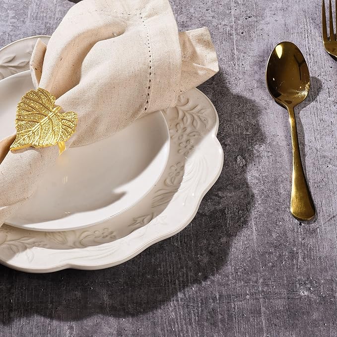Elegant Handcrafted Leaf Napkin Rings - Set of 12 Premium Aluminum Holders for Dinner Parties, Weddings, Special Occasions & Everyday Dining (Gold) - CLEENTABLE