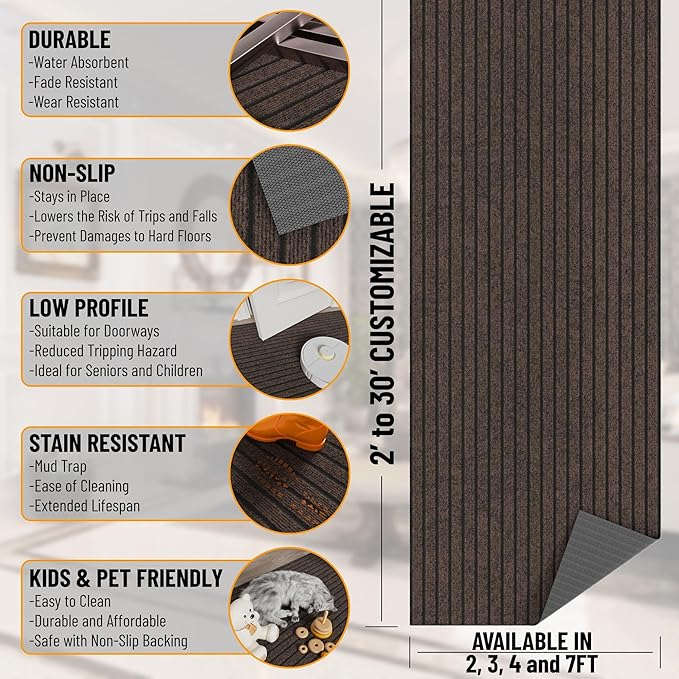 Ottomanson 2' x 5' Hallway Runner with Scraper Pile Extra Durable Non-Slip Rug Mat for Indoor & Outdoor Use - Ideal for Kitchen, Entryway, Patio & Garage - High-Traffic Carpet, Brown