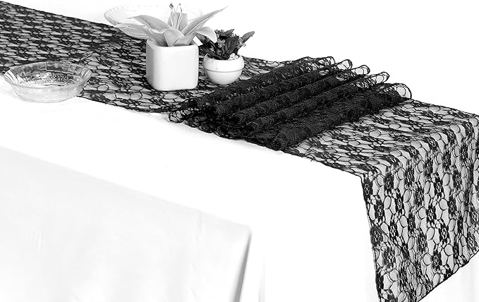 MDS Pack of 20 Wedding 12 x 108 inches Lace Table Runner for Wedding, Decorations for Birthday Parties, Banquets, Graduations, Engagements, and Runners fit Rectangle, Round Table- Black
