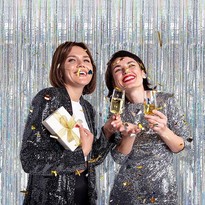 2 Pack Silver Glitter Backdrop Party Decorations Tinsel Streamers Foil Fringe Curtains Shimmer Wall Backdrop Christmas Birthday Bachelorette Party Wedding Decor Supplies