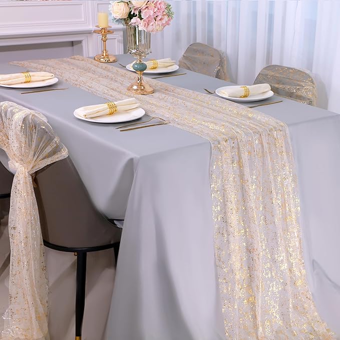 Snowkingdom 3Pcs 10 Ft Gold Table Runners, Sheer Chiffon Tulle Cheesecloth Wedding Runner, Golden Sequin Glitter Metallic Foil Party Table Decorations Centerpieces for Wedding Birthday Christmas